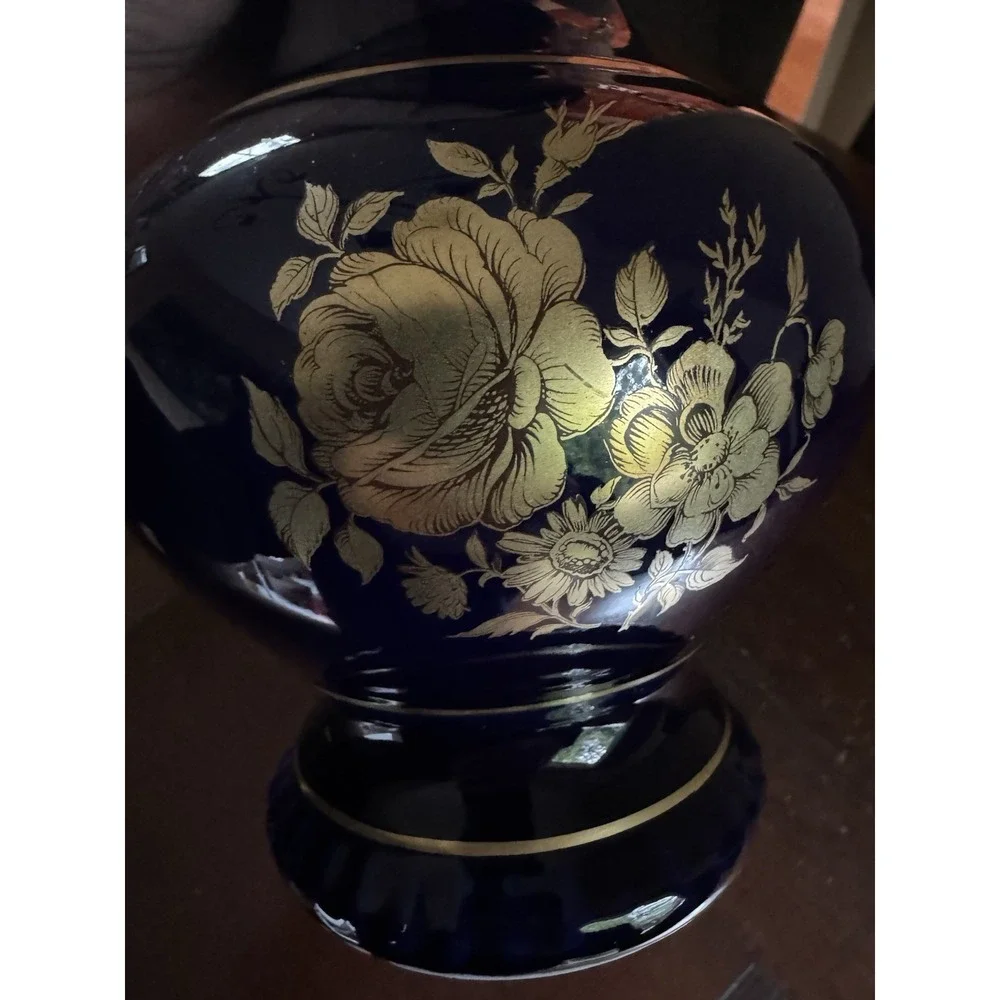 Bareuther Waldsassen Echt Cobalt Blue‎ Vase 22K Gold Floral Rose Sunflower 9.5